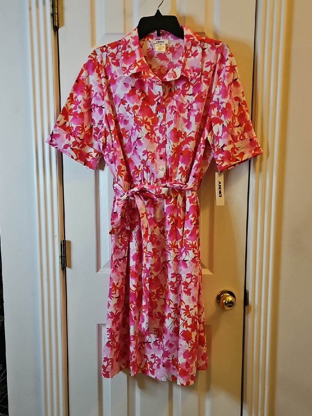 DKNY Pink & White Floral Midi Dress, Sz 14, NWT, MSRP $119
